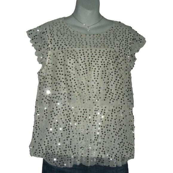 Lauren Conrad Blouse Ivory Silver Sequin Shirt Top Party Glam Fairy Twee Cream L - Picture 13 of 13